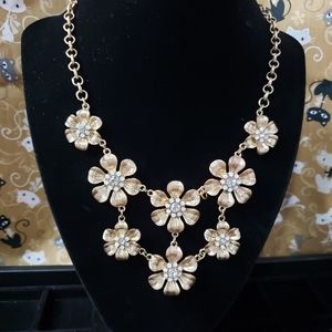 Goldtone Rhinestone Flower Bib Necklace